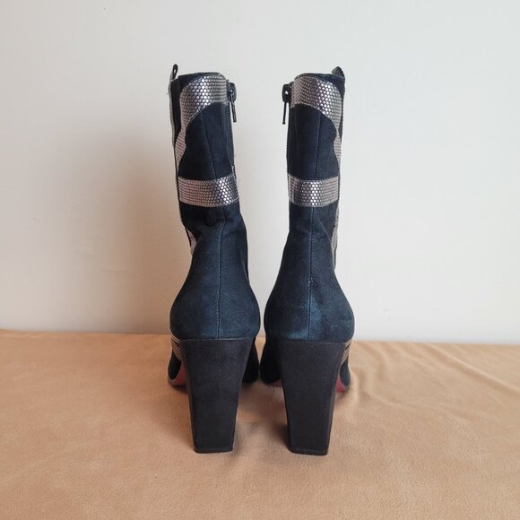 Y2K Vibe Paris Hilton Black Suede Silver Metallic Ankle Boots Size 9 Tawny Heels - Picture 7 of 16